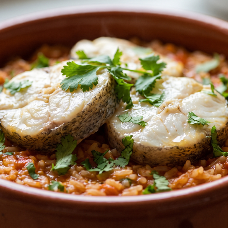Três medalhões de pescada dispostos sobre um arroz de tomate fumegante e caldoso, decorado com coentros frescos. 