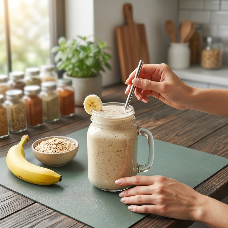 Mão a segurar uma palhinha de metal num copo de batido de banana e aveia em cima de uma mesa de madeira.