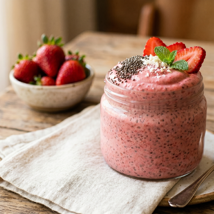 Frasco de vidro com pudim de chia de morango cor-de-rosa, decorado com morangos frescos e hortelã, sobre uma mesa de madeira rústica banhada pela luz natural.