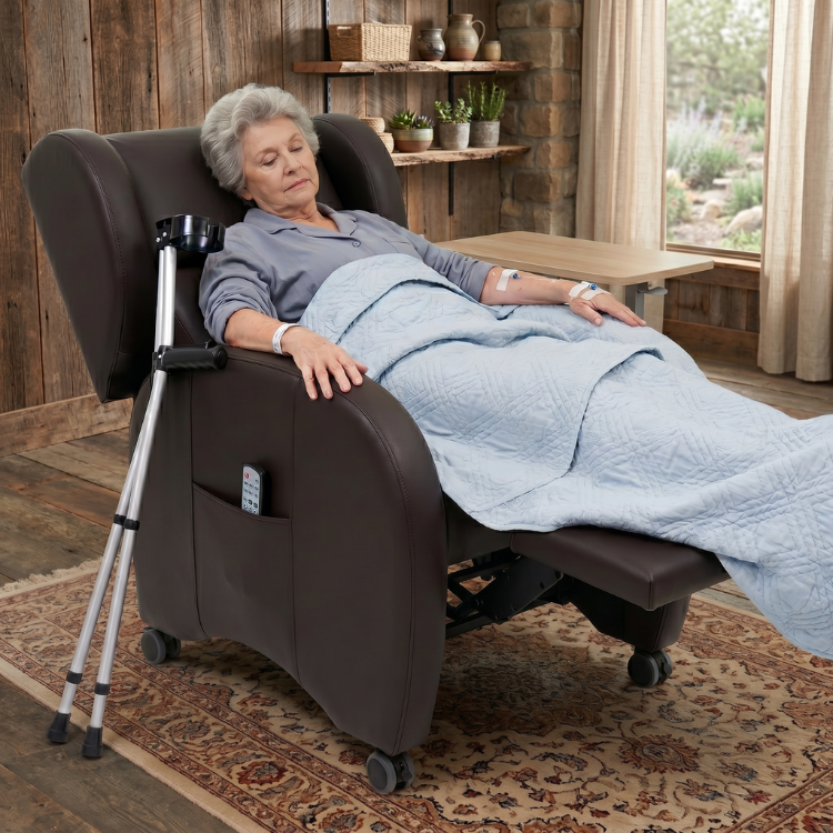 Uma mulher idosa de cabelos brancos dorme tranquilamente num cadeirão reclinável de pele castanha numa sala de estar acolhedora e rústica, com linhas intravenosas visíveis nos braços e um par de muletas prateadas apoiado ao lado do cadeirão.