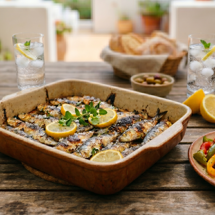 Mesa rústica de madeira com uma travessa de sardinhas assadas com limão, acompanhadas por uma salada colorida de pimentos e um copo de água refrescante, num ambiente luminoso de exterior.