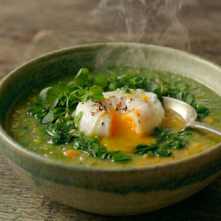 Um prato de sopa de agrião com ovo