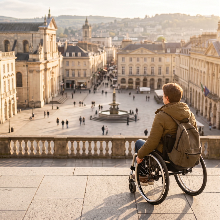 Um viajante em cadeira de rodas num miradouro acessível, contemplando uma praça histórica europeia ao pôr-do-sol com luz dourada.